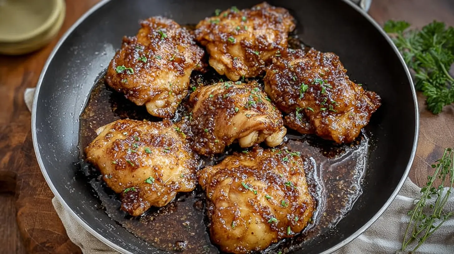 Golden-brown honey garlic chicken thighs garnished with fresh parsley