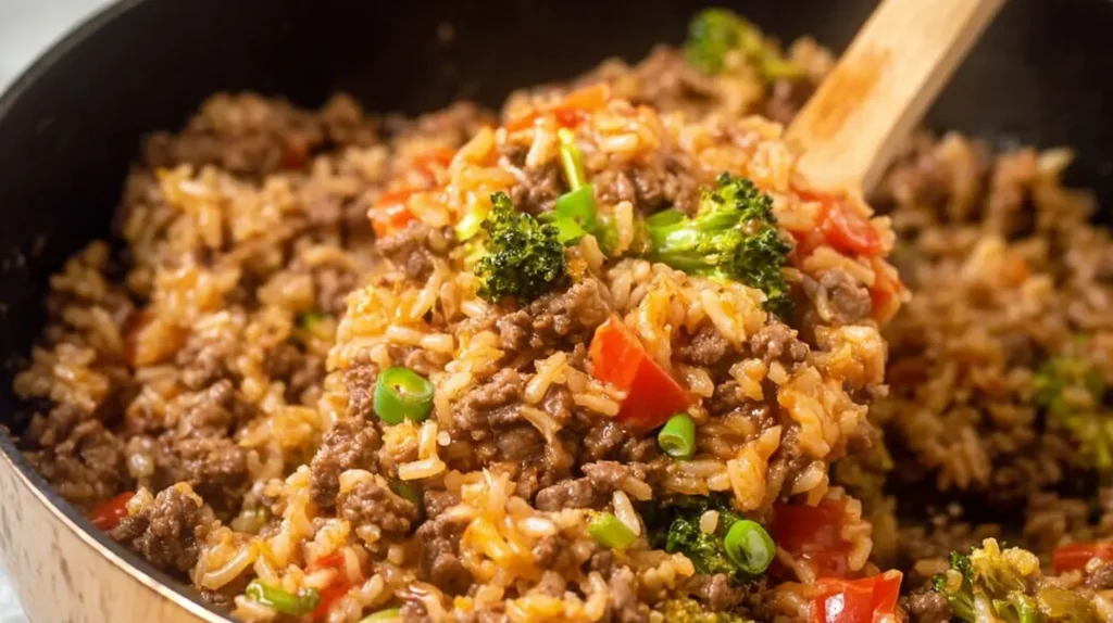 Delicious one-pan ground beef and rice, ready to serve from a single pan.