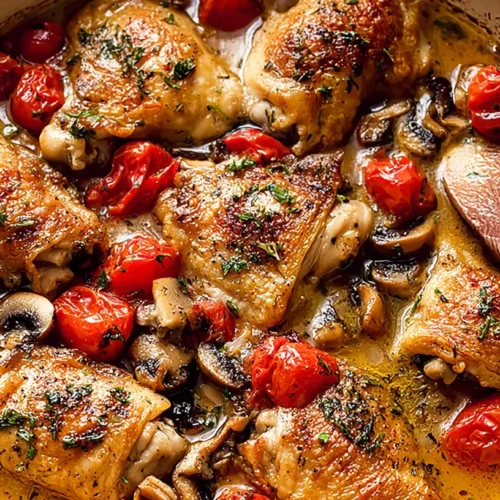 A full one-pot chicken dinner cooked with vegetables and herbs