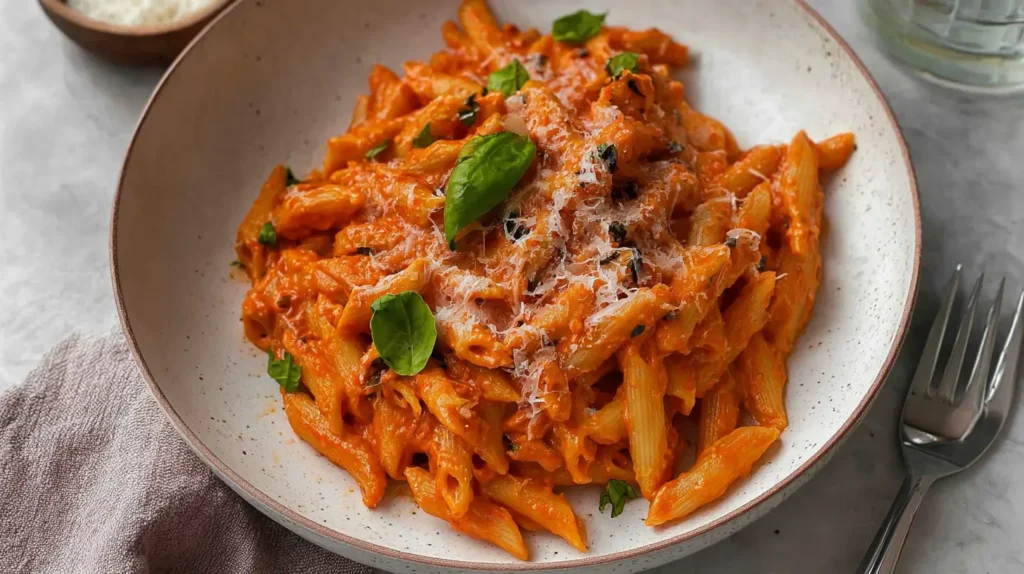 Delicious one-pot creamy tomato pasta with fresh herbs, ready to serve.