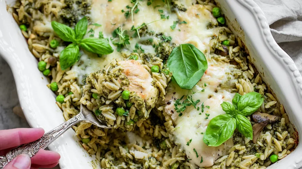 Cooked Dump-and-Bake Pesto Chicken Orzo with visible herbs