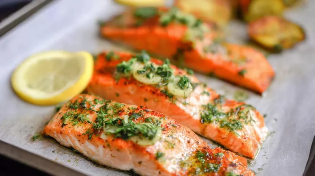 Pan-seared salmon fillet prepared as part of a healthy dinner recipe.