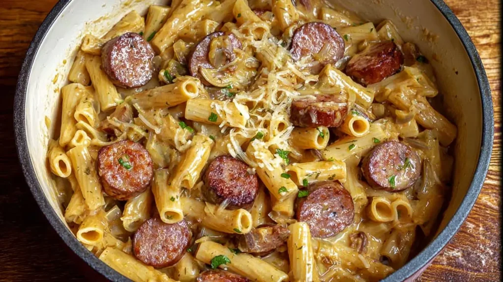 An easy homemade sausage pasta dish served in a modern bowl