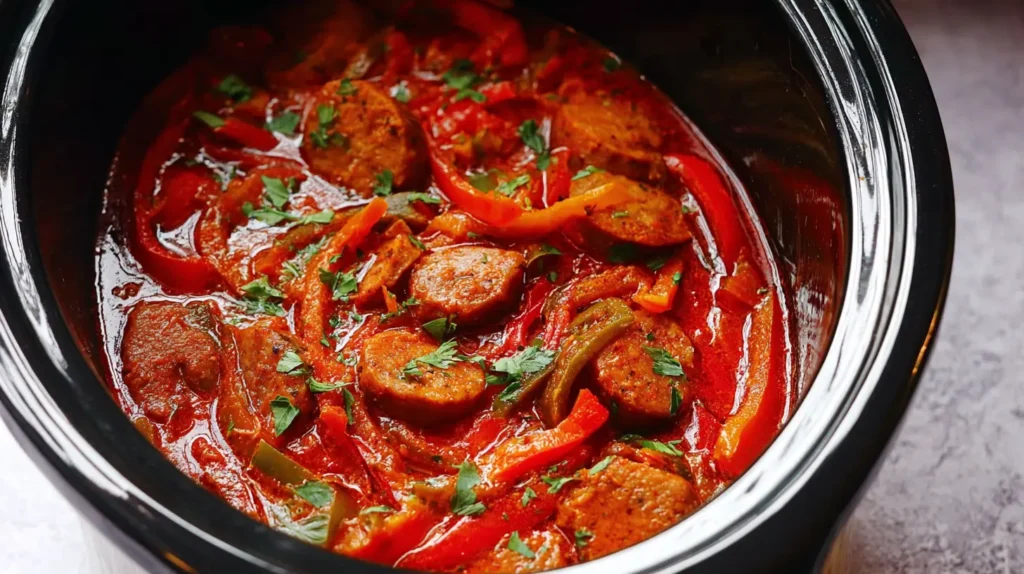 A colorful dish of crockpot sausage and bell peppers