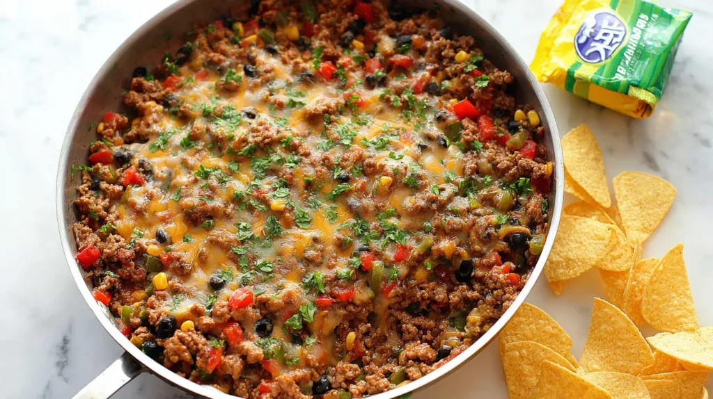 Ground beef cooked in a skillet with colorful ingredients