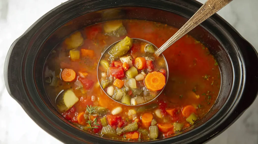 Nutritious vegetable soup made in a crockpot, showcasing colorful ingredients.
