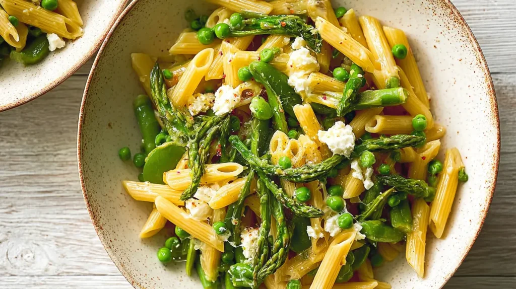 Colorful spring veggie pasta ready for a healthy dinner.