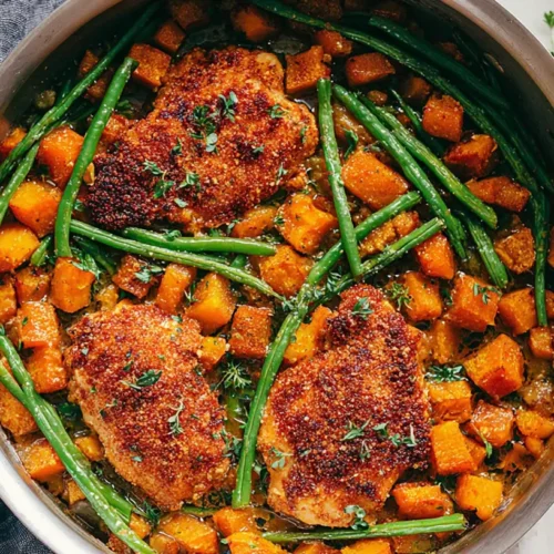 A full pan of fall baked chicken and squash dinner with herbs.