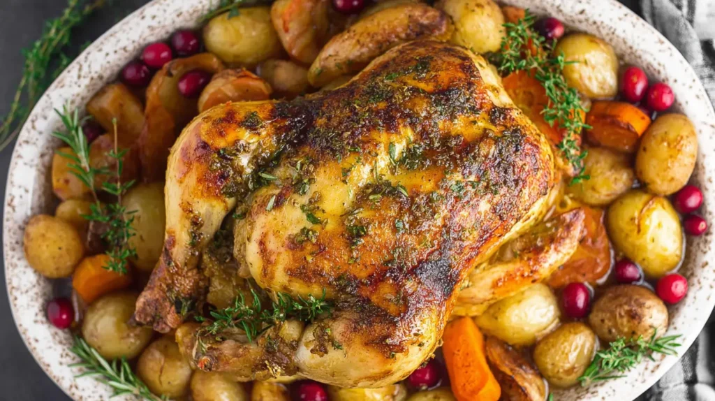 A golden-brown holiday chicken bake, brimming with festive ingredients.