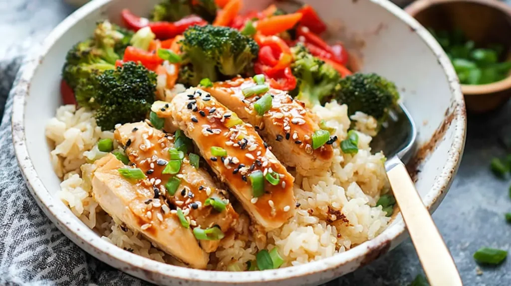 Cooked Dump-and-Bake Teriyaki Chicken with rice and vegetables, ready to serve.