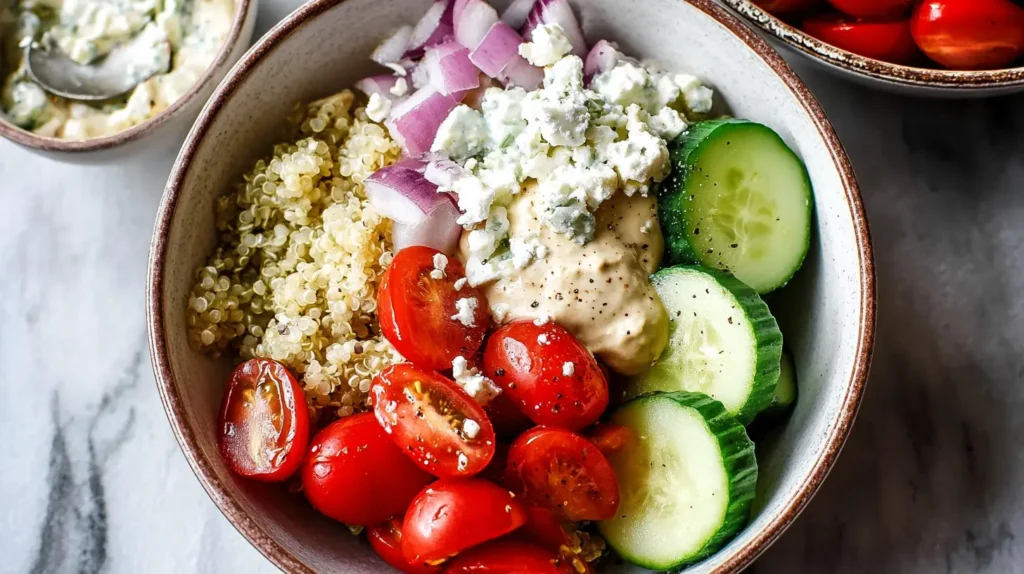 Colorful Mediterranean quinoa bowl with cucumbers, tomatoes, and a creamy hummus topping.