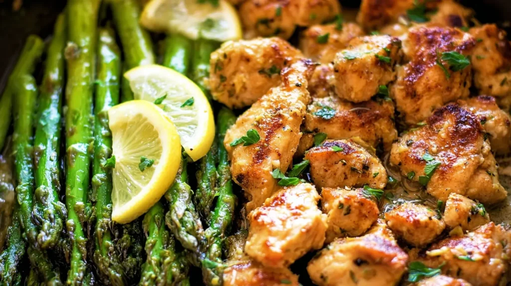 Delicious one-pan garlic butter chicken surrounded by golden-brown potatoes and broccoli.