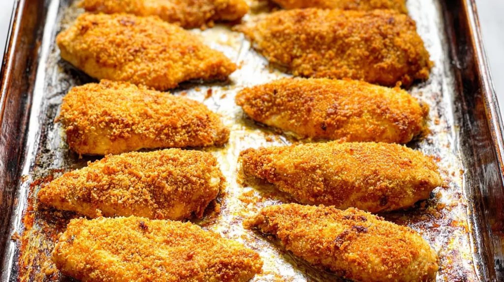 Delicious golden crispy oven-baked chicken served as a hearty dinner.
