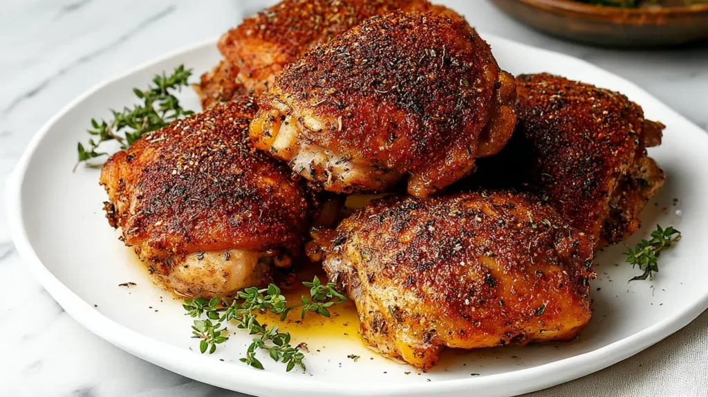 Golden-brown crispy oven chicken thighs served as a delicious dinner.