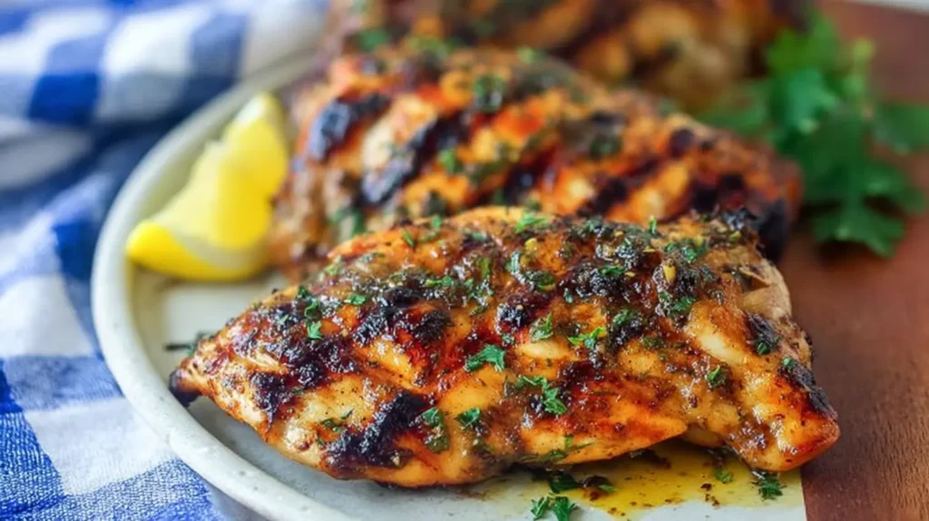 Closeup of summer grilled chicken dinner served outdoors.