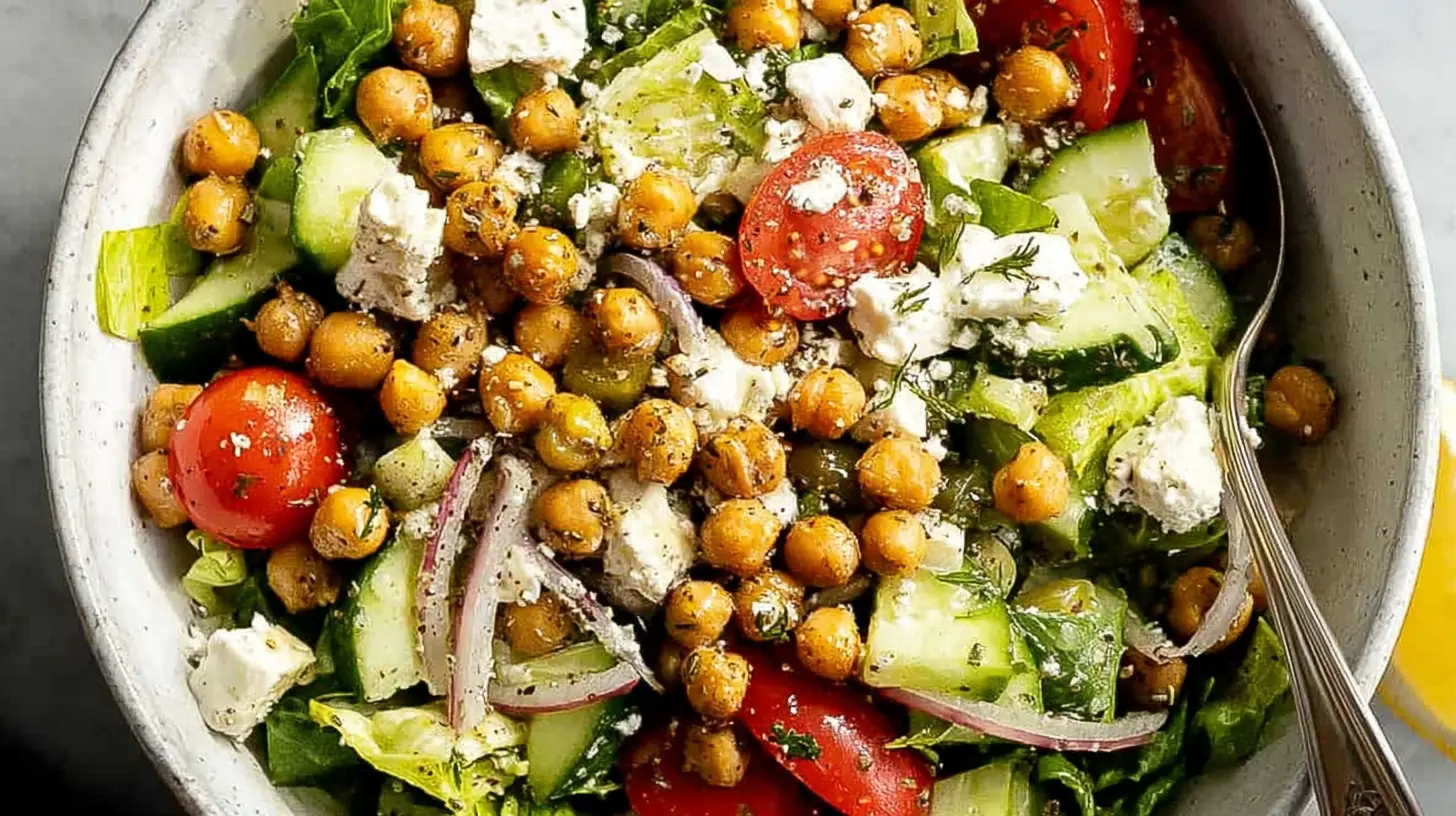 Colorful Chickpea Greek Salad Bowl featuring chickpeas, feta, and Kalamata olives.