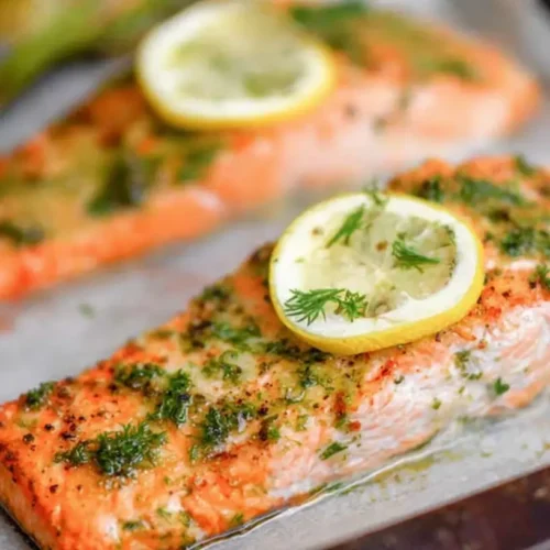 A healthy dinner recipe with salmon, fresh vegetables, and herbs on a plate.