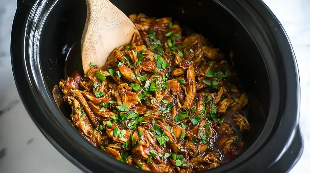 Healthy slow cooker chicken stew with vegetables, fresh from the pot.