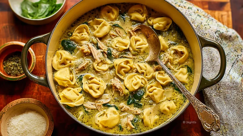 Hearty Tortellini Soup featuring spinach, pasta, and savory broth.