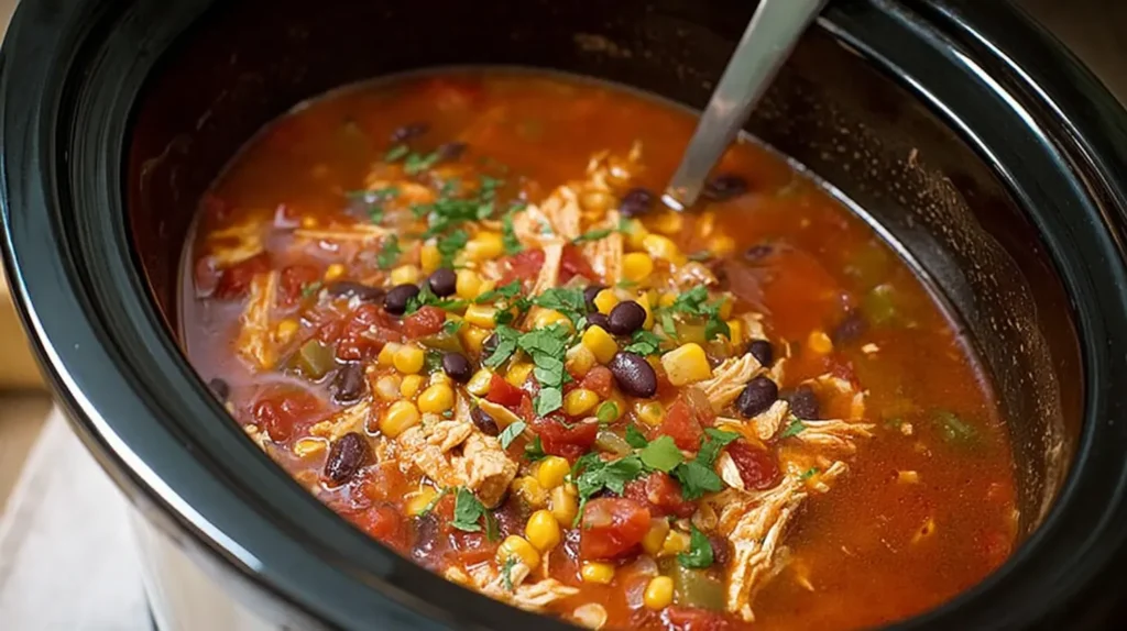 Hearty slow-cooked Crockpot Chicken Tortilla Soup with shredded chicken.