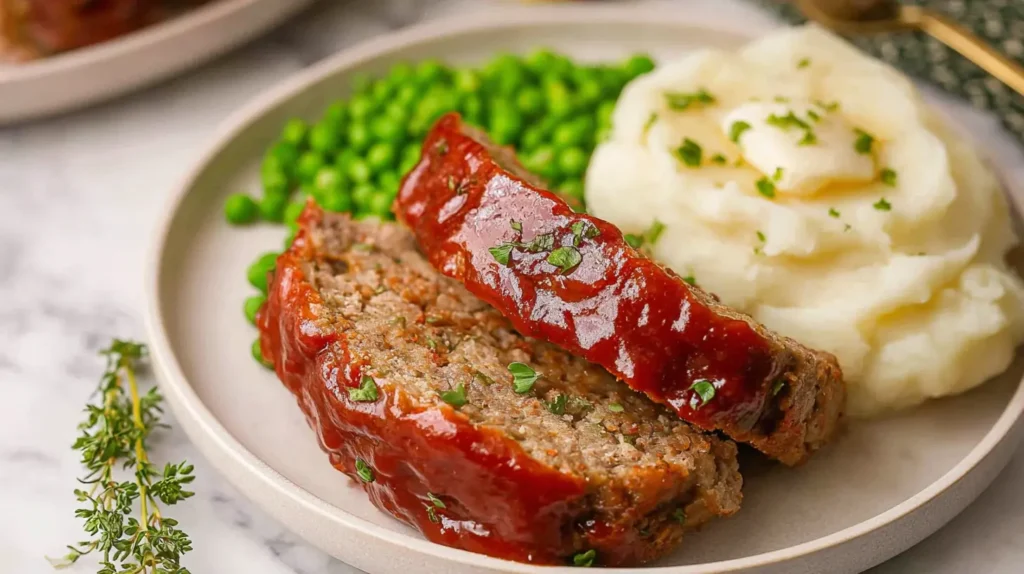 Hearty meatloaf slices presented with roasted potatoes.