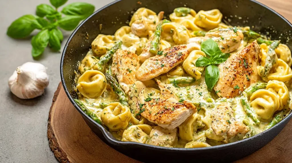 Close-up of a chicken pesto tortellini skillet, a hearty and high-protein dish.