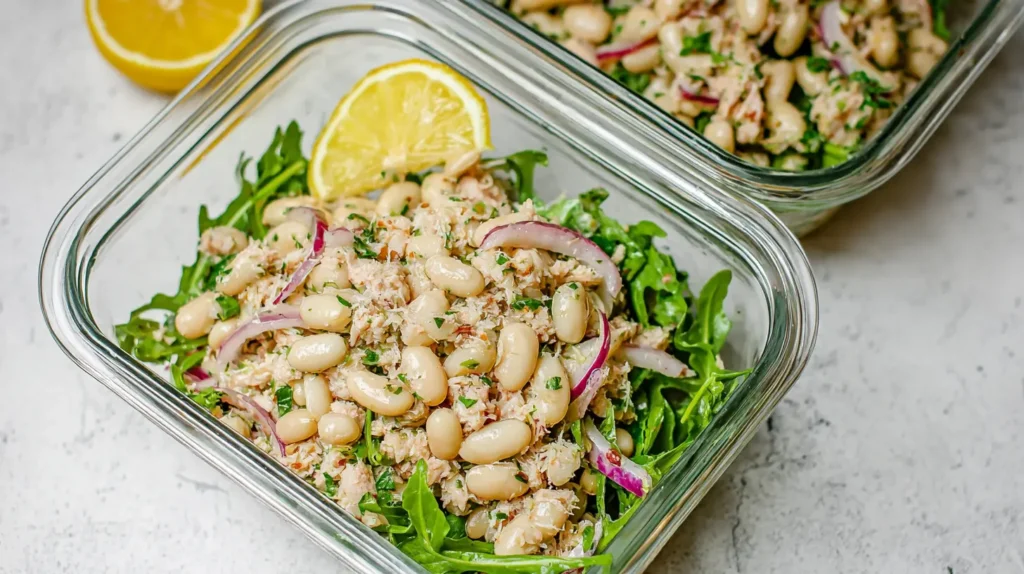 Freshly made tuna and white bean salad in a light dressing