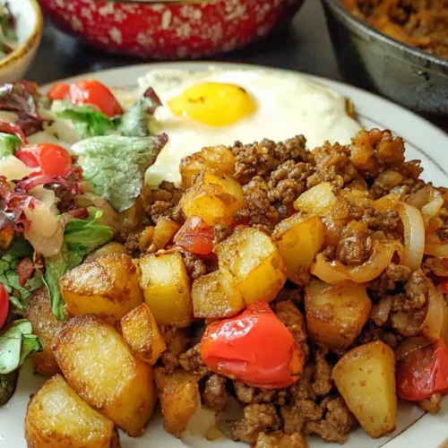 A serving of old-fashioned ground beef hash with crispy potatoes.