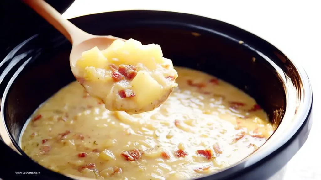 Warm potato Crockpot soup served in a bowl.