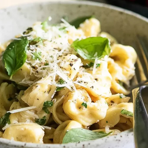 A quick cheese tortellini dinner with a rich tomato sauce and fresh basil.