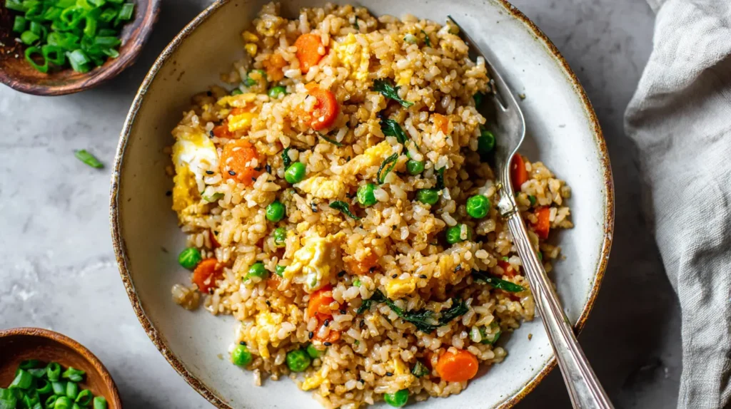 A plate featuring a quick and healthy rice dinner, garnished with herbs
