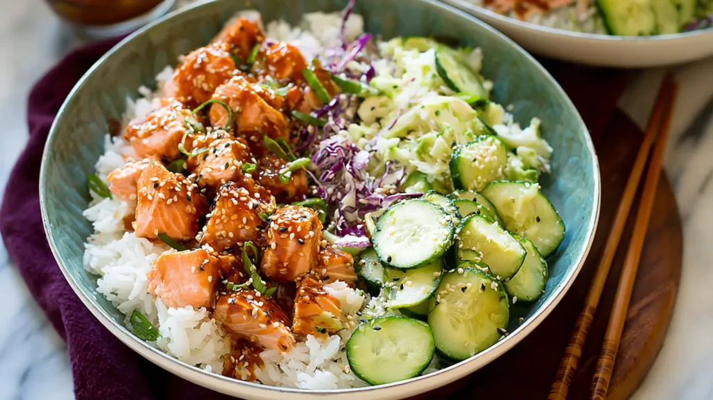 Delicious Sesame Ginger Salmon Bowl featuring flaked salmon, brown rice, fresh cucumber, and a savory sauce drizzle.