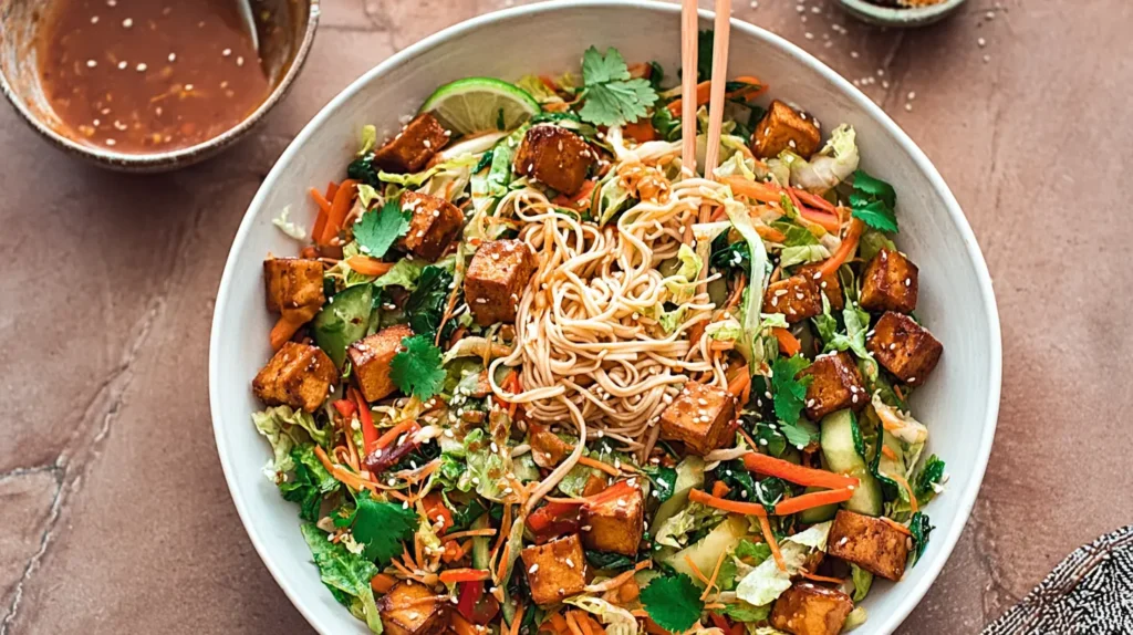 Colorful tofu and vegetable noodle salad topped with a rich sesame dressing.
