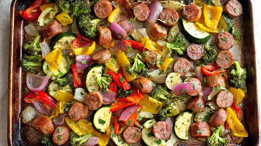 Close-up of a sheet pan filled with golden-brown sausage and vibrant roasted veggies