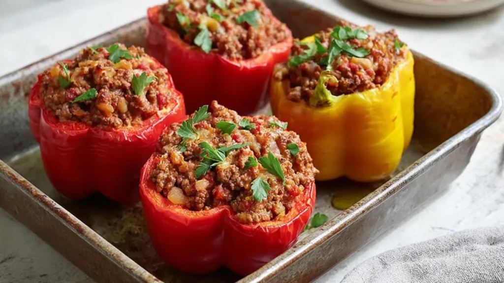 Ground beef stuffed bell peppers topped with cheese