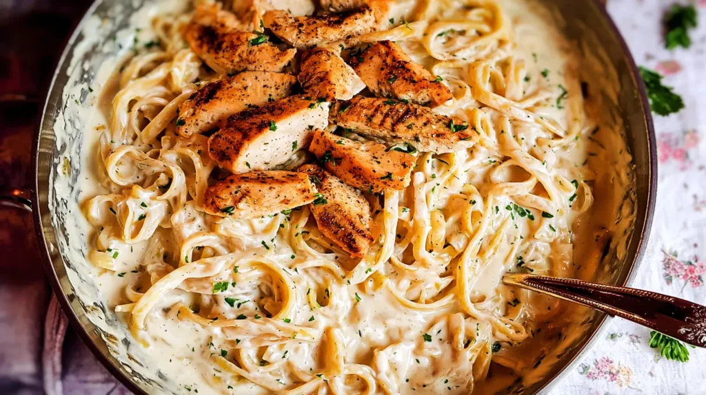 Close-up of creamy chicken alfredo noodles with tender chicken pieces