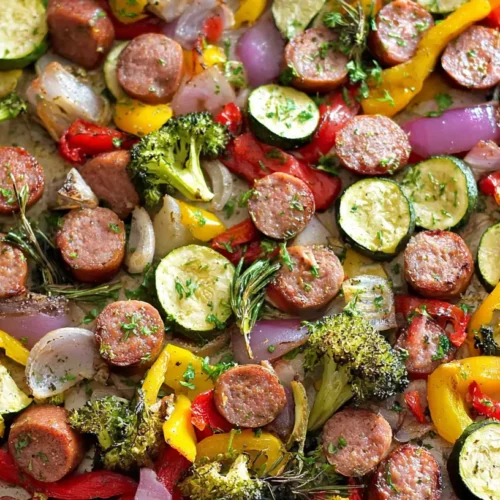 A colorful sheet pan dinner with roasted sausage and a variety of vegetables