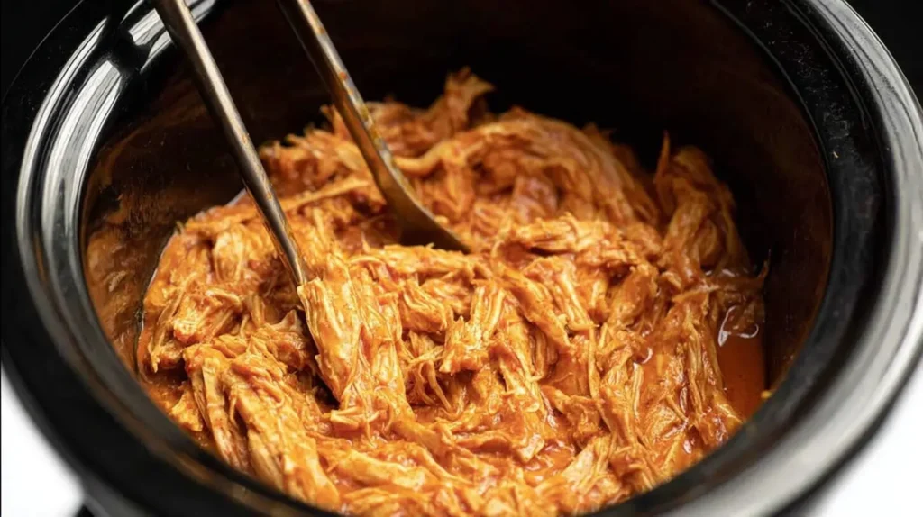 Shredded Crockpot Buffalo Chicken in a slow cooker