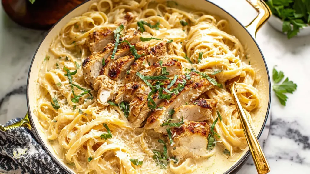 Delicious homemade easy chicken alfredo ready to eat.