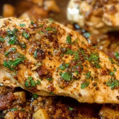 A simple garlic butter chicken recipe on a cutting board with herbs