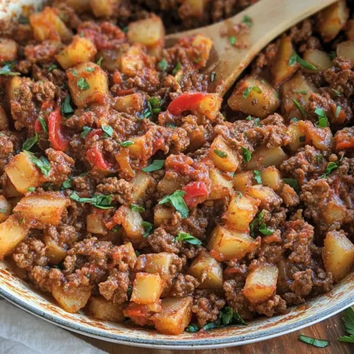 A steaming bowl of simple ground beef comfort meal, ready to eat.