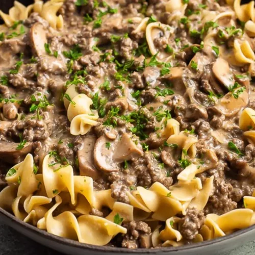 A steaming bowl of simple ground beef stroganoff with noodles.