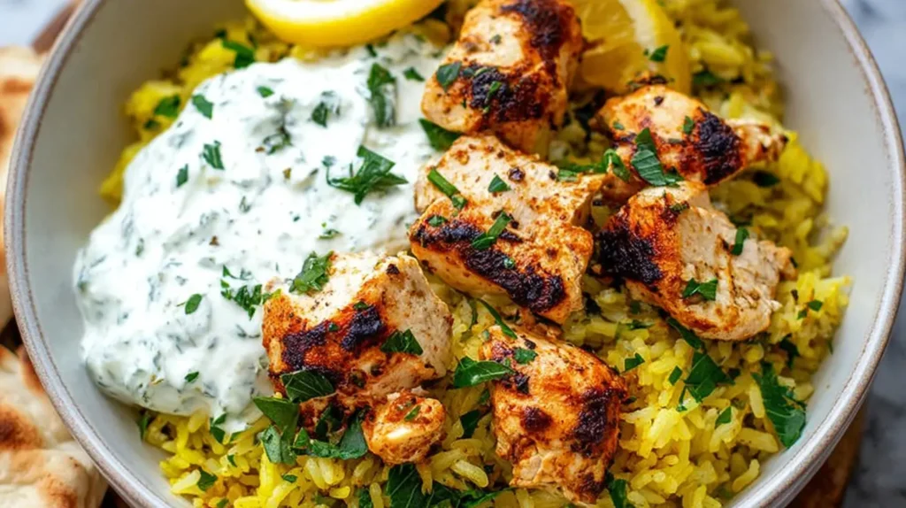 A single baking dish filled with Dump-and-Bake Greek chicken and rice