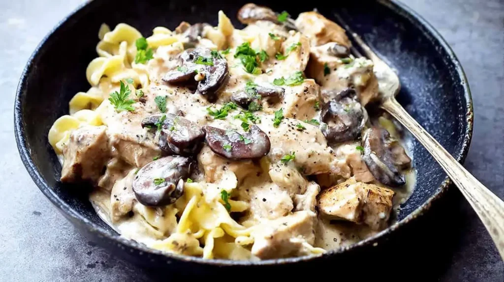Creamy slow cooker chicken stroganoff garnished with fresh parsley