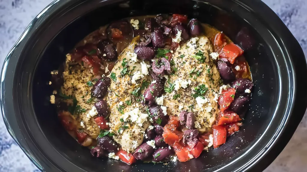 Slow-cooked Mediterranean chicken simmering with herbs and tomatoes in a crockpot