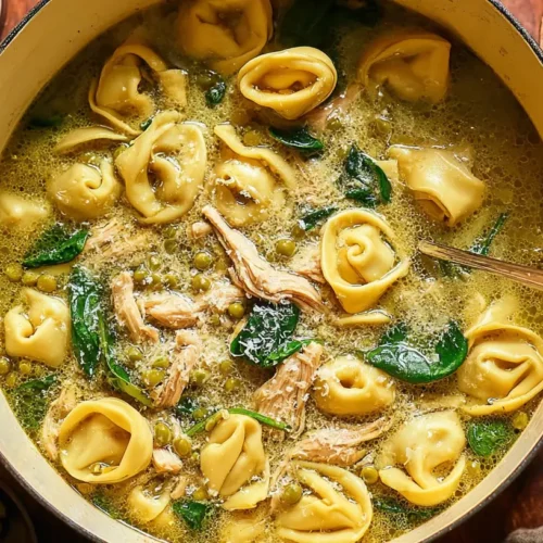 A cozy bowl of Tortellini Soup with fresh spinach and broth.