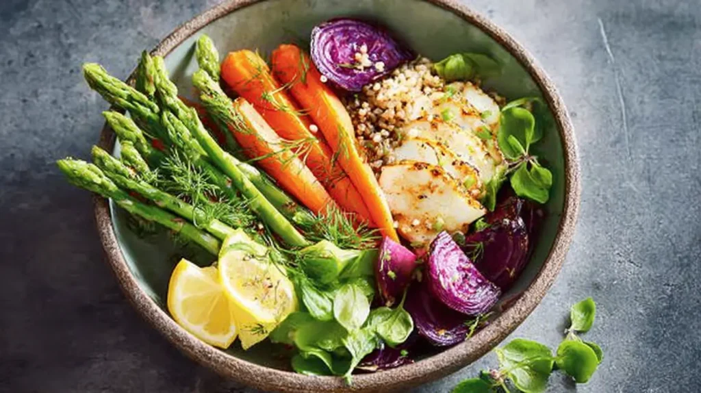 Colorful culinary creation, a healthy dinner recipe with various fresh produce.