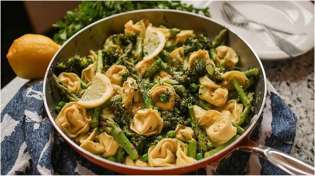 Delicious Tortellini Primavera showcasing a variety of vibrant spring vegetables.
