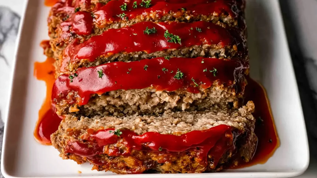 A serving of classic comfort food meatloaf, accompanied by creamy potatoes and steamed vegetables.
