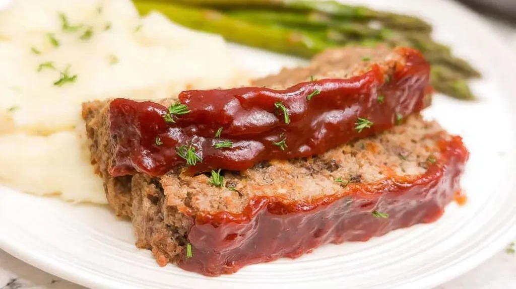 Hearty traditional meatloaf crowned with a shiny brown sugar glaze on a serving dish.